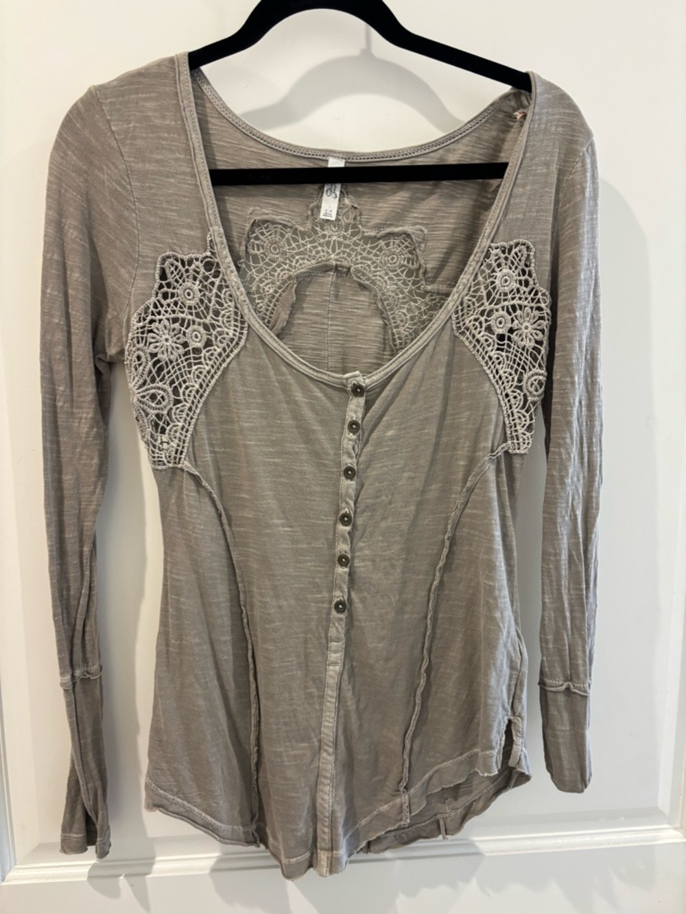 Free People Taupe Crochet-Inset Long Sleeve Henley